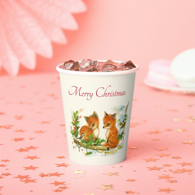 Cute Vintage Foxes Retro Christmas Scene Paper Cups (Insitu)
