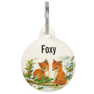 Cute Vintage Foxes Retro Christmas Scene Pet Tag