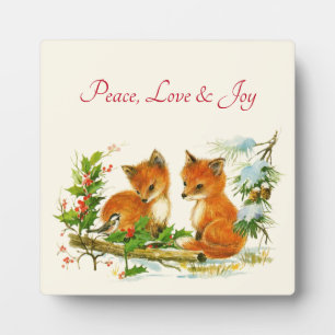 Cute Vintage Foxes Retro Christmas Scene Plaque