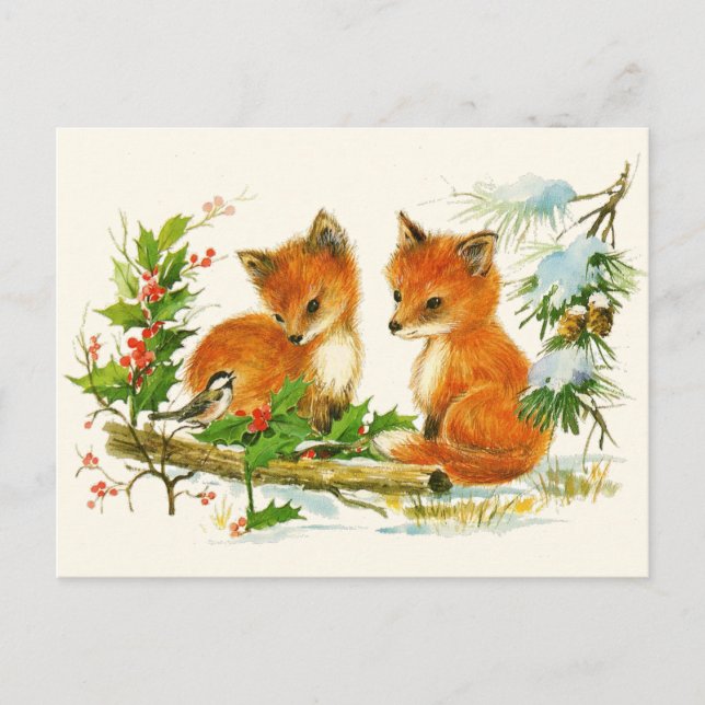 Cute Vintage Foxes Retro Christmas Scene Postcard (Front)
