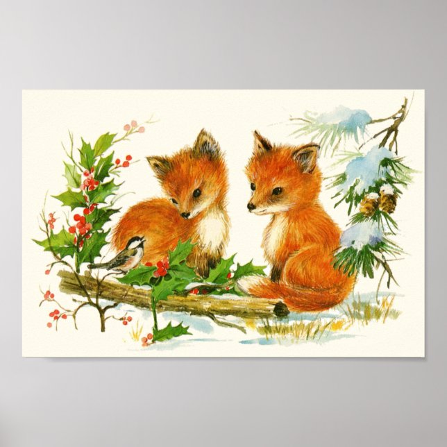 Cute Vintage Foxes Retro Christmas Scene Poster (Front)