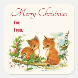 Cute Vintage Foxes Retro Christmas Scene Square Sticker
