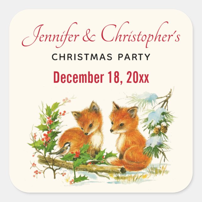 Cute Vintage Foxes Retro Christmas Scene Square Sticker (Front)