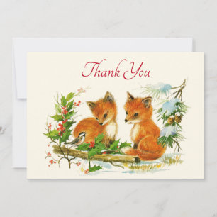 Cute Vintage Foxes Retro Christmas Scene Thank You Card