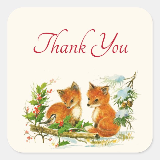 Cute Vintage Foxes Retro Christmas Scene Thank You Square Sticker (Front)