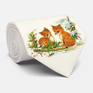 Cute Vintage Foxes Retro Christmas Scene Tie