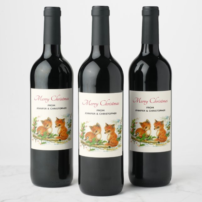Cute Vintage Foxes Retro Christmas Scene Wine Label (Bottles)