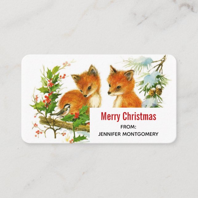 Cute Vintage Foxes Retro Merry Christmas Business Card (Front)