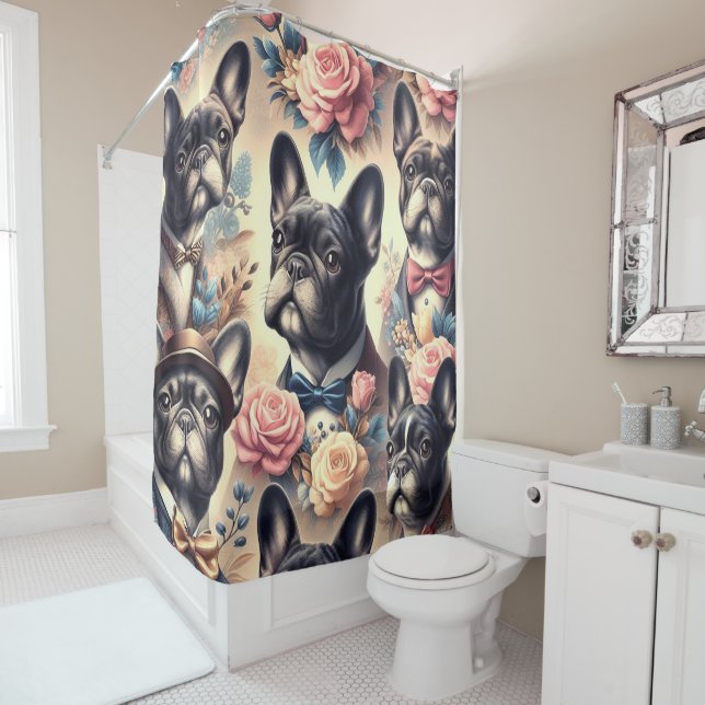 Cute Vintage French Bulldog  Painting Shower Curtain (In Situ)