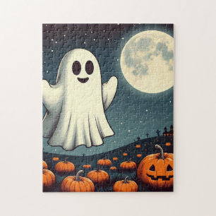 Cute, vintage ghost & pumpkin halloween art jigsaw puzzle