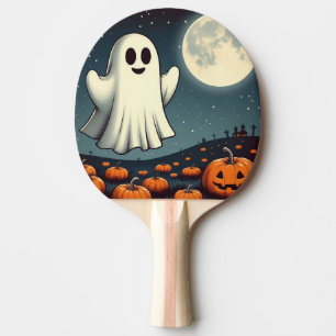 Cute, vintage ghost & pumpkin halloween art ping pong paddle