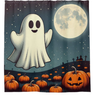 Cute, vintage ghost & pumpkin halloween art shower curtain