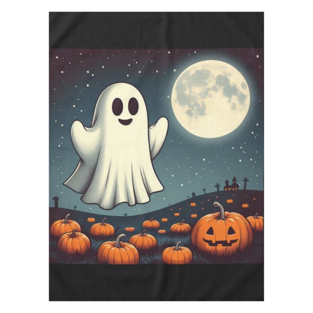 Cute, vintage ghost & pumpkin halloween art tablecloth (Front)