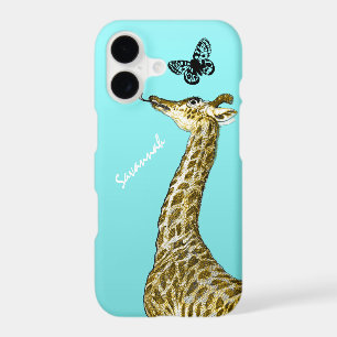 Cute Vintage Giraffe Licking a Butterfly on Aqua