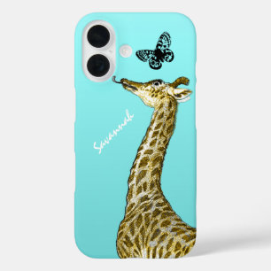 Cute Vintage Giraffe Licking a Butterfly on Aqua iPhone 16 Case
