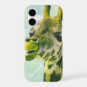 Cute Vintage Giraffe Lime Green on Watercolor Aqua