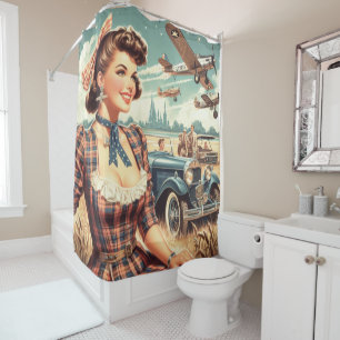 Cute Vintage Girl Illustration Shower Curtain