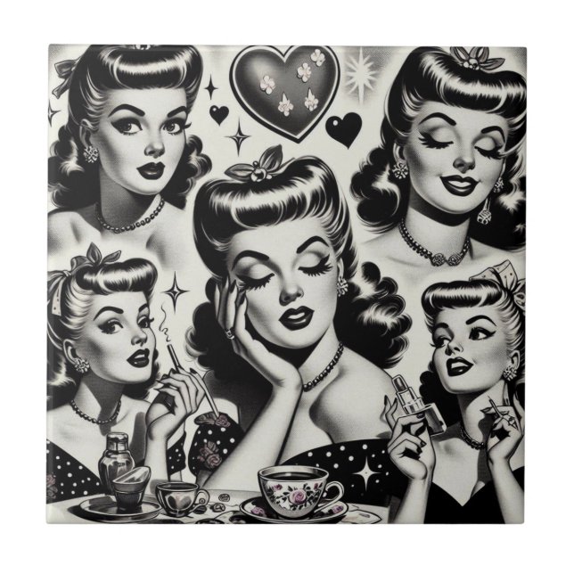Cute Vintage Girl Illustration Tile (Front)