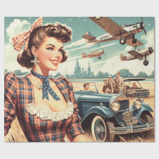 Cute Vintage Girl Illustration Wrapping Paper (Flat)