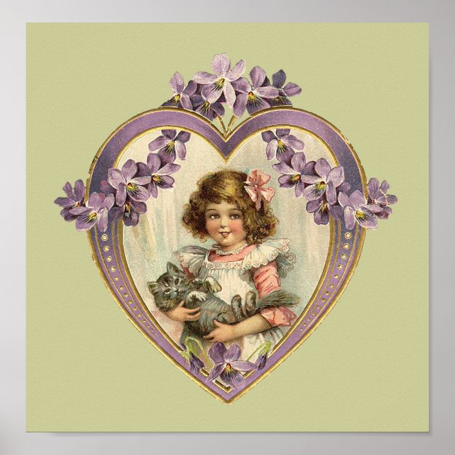 Cute Vintage Girl & Kitten Floral Heart Poster (Front)