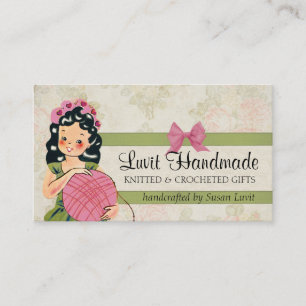Cute vintage girl knitting crochet ball of yarn business card