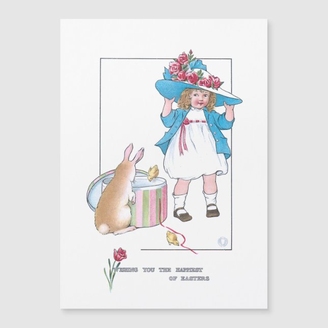 Cute Vintage Girl w/Easter Bonnet, Bunny & Chicks (Front)