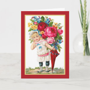 Cute Vintage Girl With Flowers Card