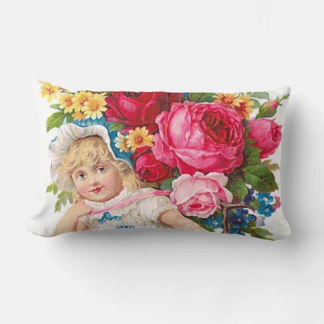 Cute Vintage Girl With Flowers Lumbar Cushion (Front)