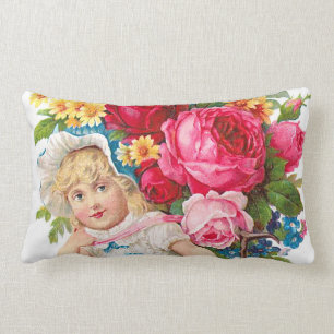 Cute Vintage Girl With Flowers Lumbar Cushion