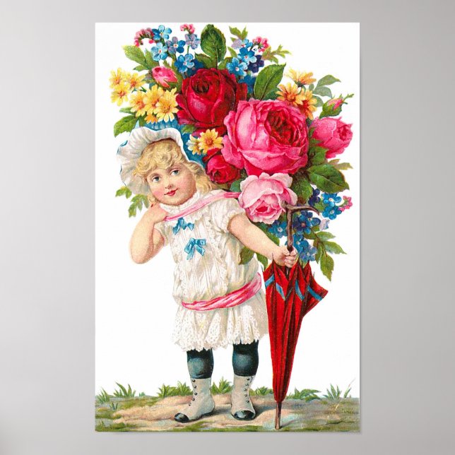 Cute Vintage Girl With Flowers Poster (Front)