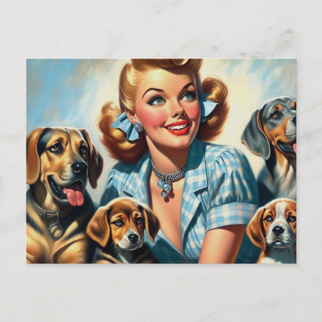 Cute vintage girl with puppies postcard (Front)
