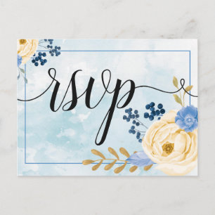 Cute vintage golden floral blue rsvp invitation p postcard