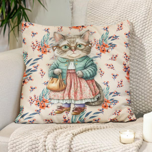 Cute Vintage Grandma Cat Pink Apron Glasses Cushion