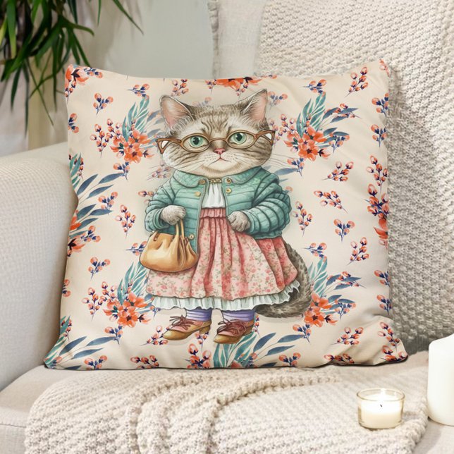 Cute Vintage Grandma Cat Pink Apron Glasses Cushion (Cute, funny little old lady/grandma cat pillow)