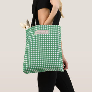 Cute Vintage Green Gingham Plaid Personalised Tote Bag