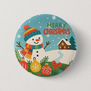 Cute, vintage green rustic snowman 6 cm round badge