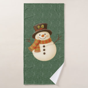 Cute, vintage green rustic snowman bath towel