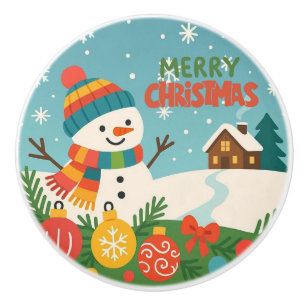 Cute, vintage green rustic snowman ceramic knob