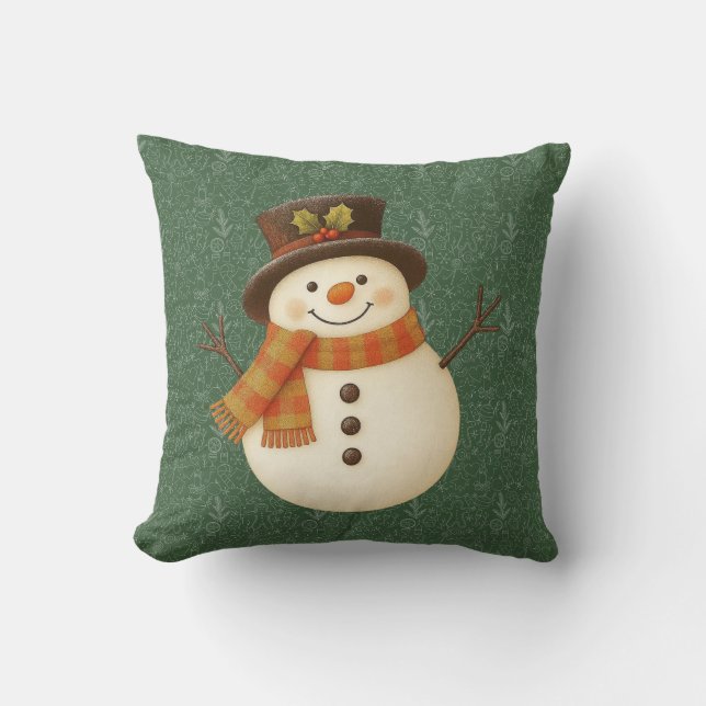 Cute, vintage green rustic snowman cushion (Front)