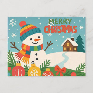 Cute, vintage green rustic snowman holiday postcard