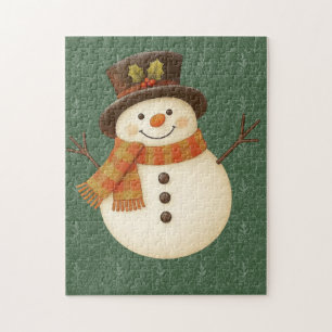 Cute, vintage green rustic snowman jigsaw puzzle
