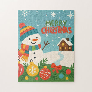 Cute, vintage green rustic snowman jigsaw puzzle