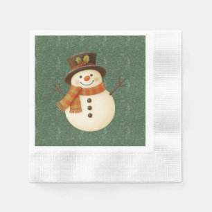 Cute, vintage green rustic snowman napkin