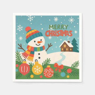 Cute, vintage green rustic snowman napkin