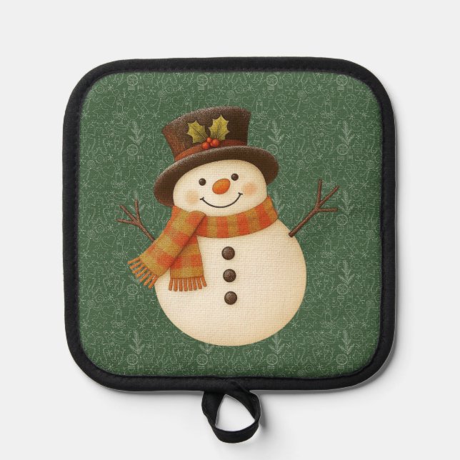 Cute, vintage green rustic snowman pot holder (Front)