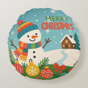Cute, vintage green rustic snowman round cushion