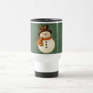 Cute, vintage green rustic snowman travel mug