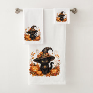 Cute Vintage Halloween Black Cat & Pumpkin Bath Towel Set