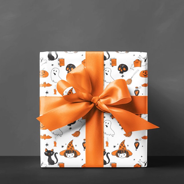 Cute Vintage Halloween Characters Orange and Black Wrapping Paper (Creator Uploaded)