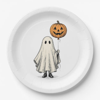 Cute Vintage Halloween Ghost Pumpkin Balloon Paper Plate
